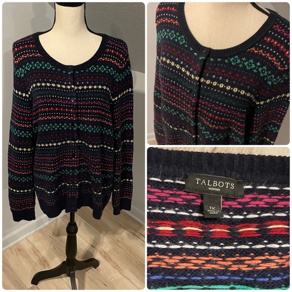 Talbots Lambswool Blend Cardigan Sweater Size 1X Navy Multi Fair Isle Sequins - Picture 1 of 9